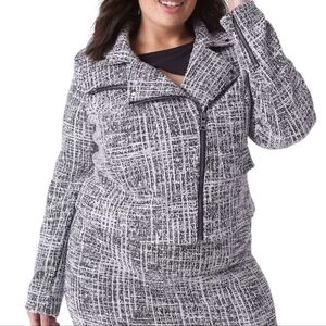 Lane Bryant Tweed Moto Jacket Asymmetrical Zip Front Lightweight Black White 18